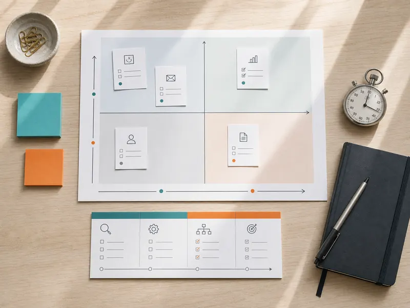 AI consulting services opportunity assessment with small-business task cards arranged on an impact-and-effort matrix