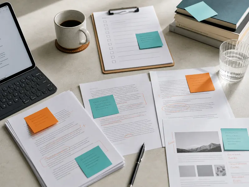 A bright desk with reviewed AI draft pages, quality checklist, handwritten marks, and teal and orange sticky notes