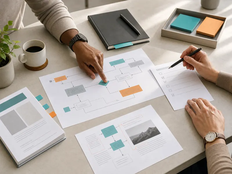 Two team members reviewing a printed AI workflow, approved source notes, and a human-approval checklist together at a worktable