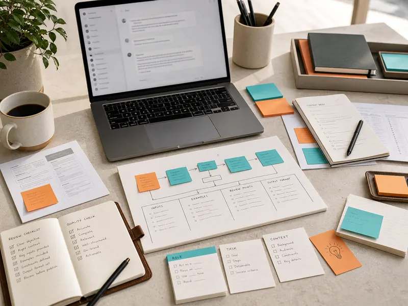 AI consulting services worktable with brand voice notes, sales page edits, customer questions, testimonials, and content planning materials