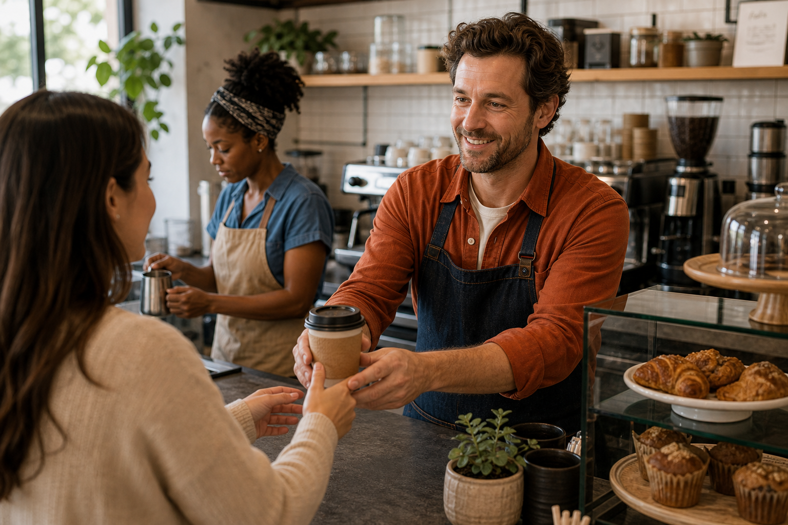 Small business owner reviewing notes and a coffee during a quiet morning