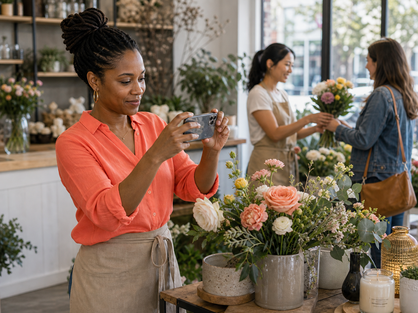 Local shop owner photographing a product display while a customer is helped nearby