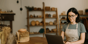 Woman using AI tool for retail inventory management and business efficiency improvement